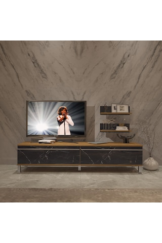 Decoraktiv Eko 4 Mdf Std Krom Ayaklı Tv Ünitesi Tv Sehpası Pera - Siyah Mermer