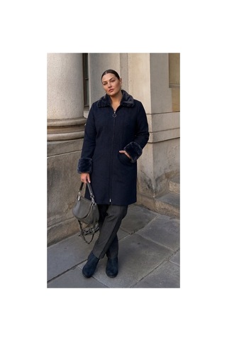 Onno Style Women Yakası Kol Ağzı Kürklü Çelik Örgü Kadın Kaban Lacivert