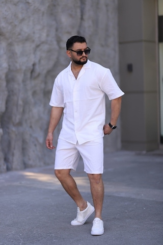 Çağla Yeşili Renk Gömlek Şort Erkek Keten Takım Oversize Kalıp Beyaz
