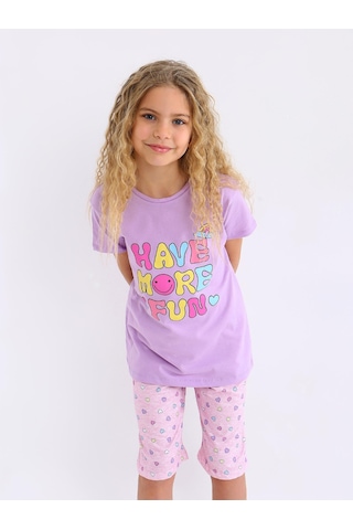 Kız Çocuk Kısa Kollu Kapri %100 Pamuklu Pijama Takımı More Fun Lila