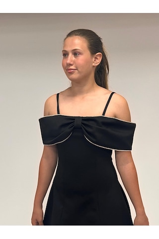 Siyah Fiyonk Detaylı Mini Abiye Elbise 10-16 Yaş Siyah