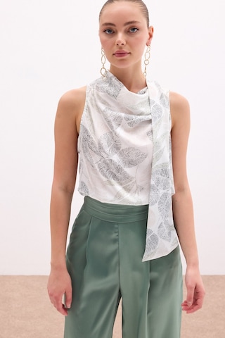 Sateen Fularlı Desenli Bluz - Haki-136079 Haki