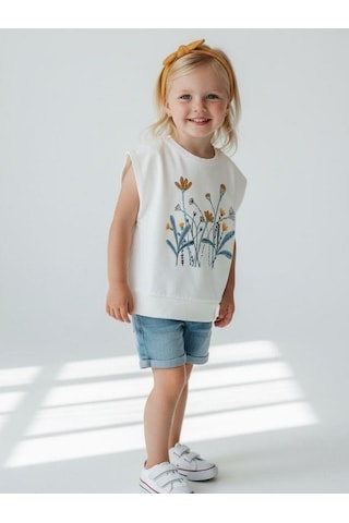 Zekids Kız Bebek Pamuklu Çiçekli Yarım Kollu T-shirt-7501 Krem