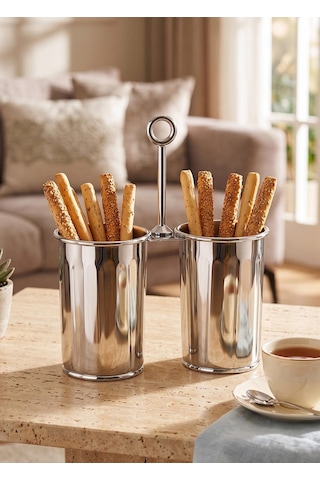The Mia Krom Çift Bölmeli Kulplu Galvaniz Sunumluk 25 Cm Gümüş