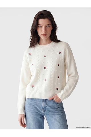Lcw Comfort Ekru Bisiklet Yaka Nakışlı Kadın Triko Kazak