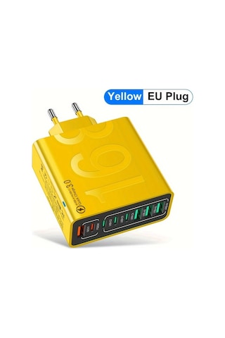 Xuweiwei Kaxoe 8in 1 Hızlı Şarj Usb Telefon Şarj Adaptörü 4 Usb 4 Type-c Sarı Qc 3.0 İphone Uyumlu Samsung Sarı