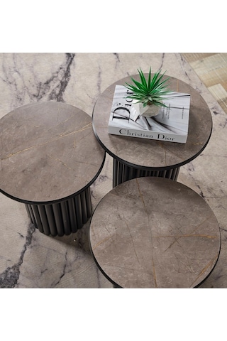 Kagu Boston Mdf 3'lü Sehpa Yuvarlak Ahşap Ve Metal Ayak