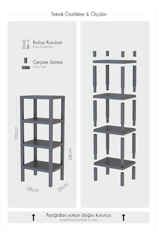 4 Katlı Plastik Çok Amaçlı Banyo, Balkon Düzenleyici Saksılık Kitaplık, Beyaz, 29x38x100 Cm Mtfks-om-2115-4lu