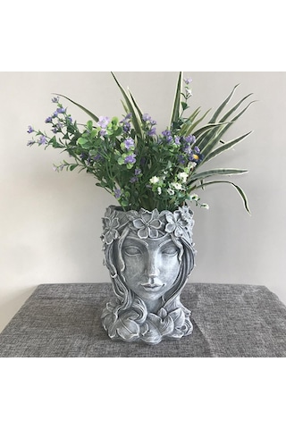 Suntek Magideal Yüz Heykel Etli Kaktüs Kafa Saksı Bitki Saksılar Gri