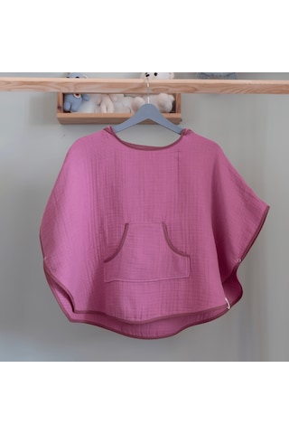 Organik Pamuk, Kapüşonlu Müslin Çocuk Pançosu - Pembe 12 - 36 Ay