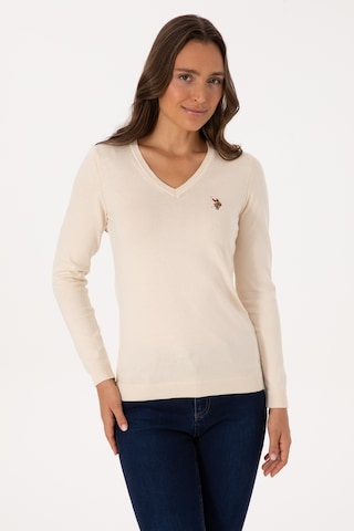 U.S. Polo Assn. Kadın Krem V Yaka Basic Kazak 50307727-VR256