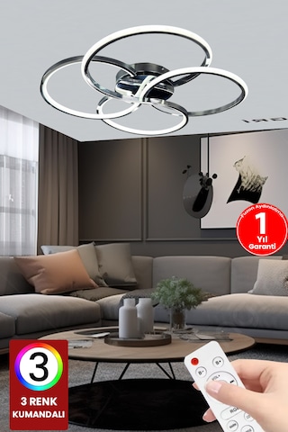 Fuzon 3 Renk Plafonyer Kumandalı Krom Kasa Led Avize Modern Lavinia Led Gümüş