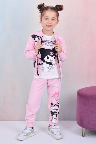 Karakter Baskılı Penye Ceketli - Penye Sweatshirt - Penye Pantolonlu Kız Çocuk 3lü Takım Pembe