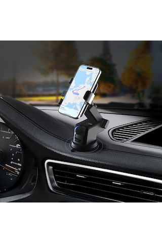 Lenyes Cr195 Sarsıntı Önleyici 360 Dönebilen Teleskopik Vantuzlu Tasarım Araç Telefon Tutucu Siyah