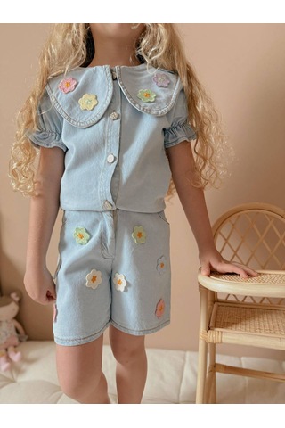 Jolly Kids Kız Çocuk Mavi Kot Gömlekli Şortlu Denim Takım Mavi