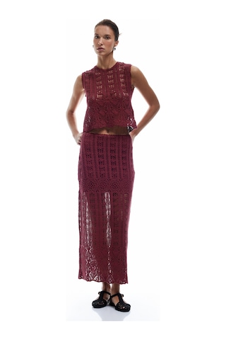Koton Pamuklu Slim Fit Ajurlu Midi Boy Kroşe Etek Bordo 5sak10340ek Bordo