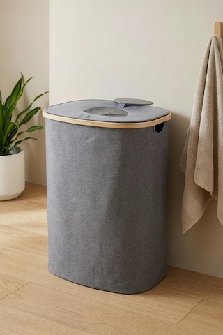Digithome Bambu Kirli Çamaşır Sepeti Kapaklı Banyo Düzenleyici Sepet 37x23,5 Cm Kahverengi