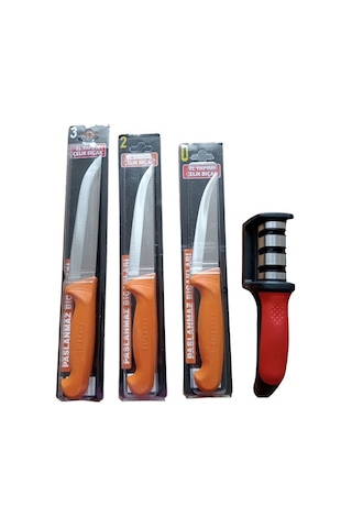 Gold Serisi 1-2-3 Numara Bıçak Kurban Bıçağı Seti & Bileme Aleti 3 Ağızlı Turuncu