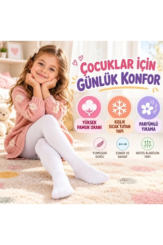 Teorastore Çocuk Beyaz Külotlu 3'lü Çorap Yüksek Pamuklu Kışlık Parfümlü Yumuşak Dokulu Esnek Rahat