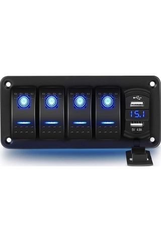 Xuweiwei 4 Gang Rocker Anahtar Paneli Blue 4.8 Amper Cift Usb Sarj Volmetre 12v 24v Dc Gece Parlayan Sticker