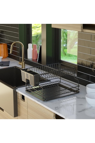 Teknotel İki Katlı Tabaklık Bulaşıklık Mat Siyah Kb005