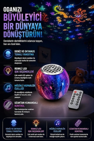 Coverzone Deniz Ve Okyanus Temalı Ent Projektör Gece Lambası, Müzikli Hoparlörlü Renkli Led Yansıtıcı, Uzaktan Kumandalı Döner Işık, 5v Usb Şarjlı Dahili Bataryalı 12 Cm Nima-11 Mor 29878824