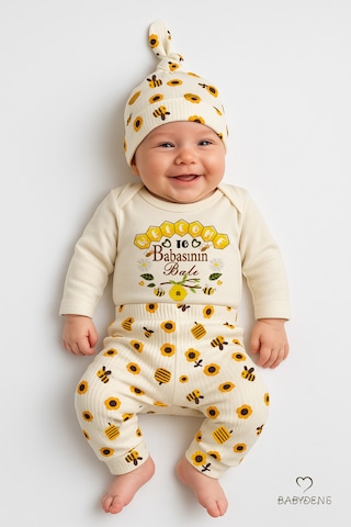 Babyden's Babasının Balı 3 Lü Yenidoğan Takım %100 Pamuk Uzun Kol Body,çiçek Arı Desenli Ribana Pantolon,bere Ekru