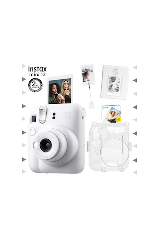 Fujifilm Instax Mini 12 Fotoğraf Makinesi + 20'li Film + Kıskaçlı Stand + Pvc Albüm + Simli Pleksi Kılıf Seti Beyaz