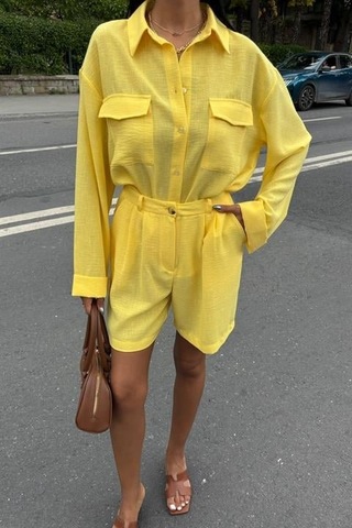 Gömlek Ve Şort Flamlı Keten Takım 10130 Altın