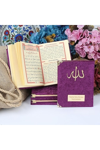 Hediyelik Kadife Kaplı Yasin Kitabı, Seccade, Kokulu Tesbih, Asetat Kutulu 26 23 Paket Mor