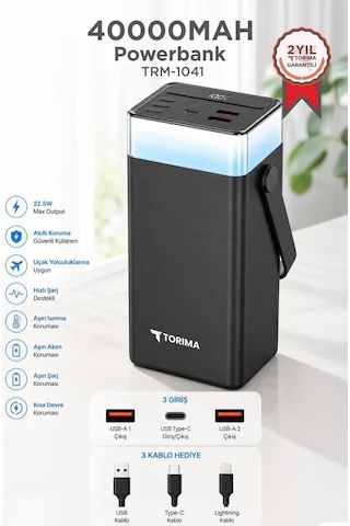 Özel Seri 40000 Mah Powerbank Trm-1041 Siyah 22,5w Fenerli Aydınlatma Çok Renkli