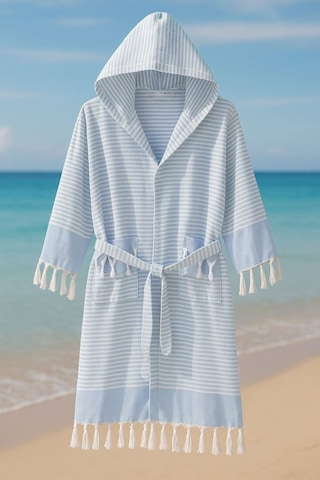 Kapşonlu Unisex Peştemal Plaj Bornozu %100 Pamuklu Seaside Stripe Mavi