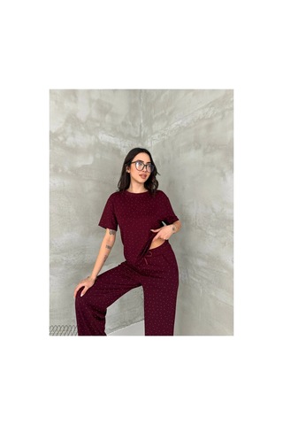 Asur Boutique Asur Butik Kadın Taşlı Bisiklet Yaka Alt Üst Takım Pantolonlu Şık Günlük Kombin Bordo
