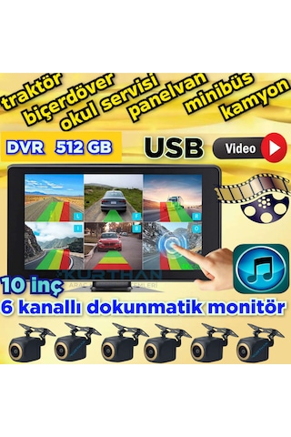 6 Ch 512 Gb 10 İnç Dokunmatik Usb Bsd Dvr Ekran 170'' Balık Gözü Ahd 720p Rca Kamera 12 Volt