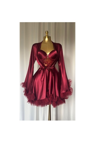 Mh Moony Homewears Kutuşu Feo Bordo Kol Detay Saten Gecelik Sabahlık Seti Olay Bordo