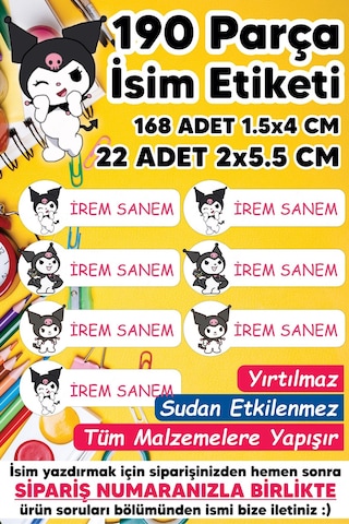 Okul Etiketi Kalem Defter Etiketi Kuromi Temalı Özel Isim Yazılabilen Etiket - 190 Adet