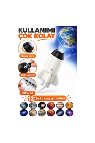 12 Film Diskli Roket Galaksi Projektörü Usb Tak Çalıştır Uzay Ve Gezegen Projeksiyon Gece Lambası