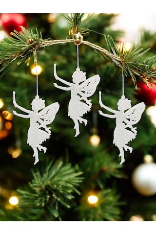 Yılbaşı Ağacı Süsü Melek Şekilli Asılabilir Simli Ağaç Süsü 13 Cm 3'lü Beyaz Melek