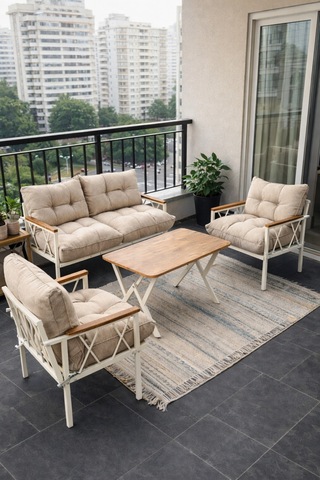 Ard & Garden Miray Krem 211 Masalı Antrasit Fermuarlı Düğmeli Bahçe Oturma Grubu Balkon Oturma Takımı Salon Teras Bej