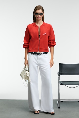 Grımelange Yasvell Kadın Metal Fermuarlı Çift Cepli Nakış Detaylı Balon Kollu Bomber Kırmızı Ceket Kırmızı