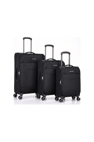 Pierre Cardin 3 Lü Kumaş Valiz Seti Büyük + Orta + Kabin Körüklü Geniş Hacimli, Sessiz Tekerlek Siyah 04pc6005