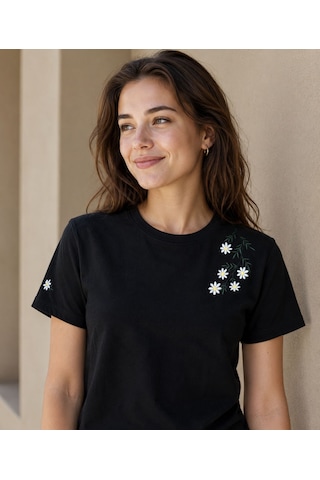 Yubistitch Tshirt Nakış İşlemeli Çiçek 6-Siyah S