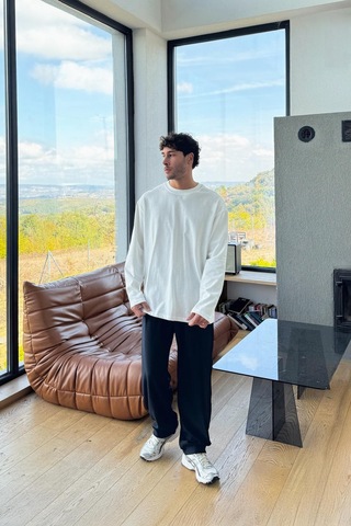 Basic Oversize Uzun Kol Tişört Ekru Ekru