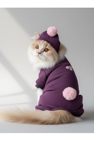 Purple Ponpon Pony Kedi Tulumu & Bere Takımı Şardonlu Polar Kumaş Tüy Dökülmesini Mor 2XL