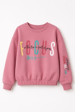 Fesshera Kids Kız Çocuk Sweatshirt Beli Lastikli Bisiklet Yaka Uzun Kollu Baskılı Kışlık Pamuklu Sweatshirt Pudra