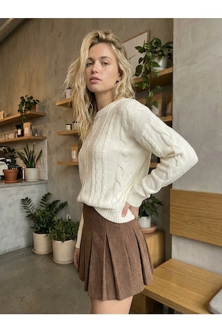 Sayzen Your Shine Saç Örgülü Basic Regular Triko Kazak Sy-2605 Ekru