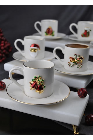 6 Kişilik Yılbaşı Dekorlu Porselen Kahve Fincan Takımı 90 Ml Yeni Yıl Noel 12 Parça Beyaz