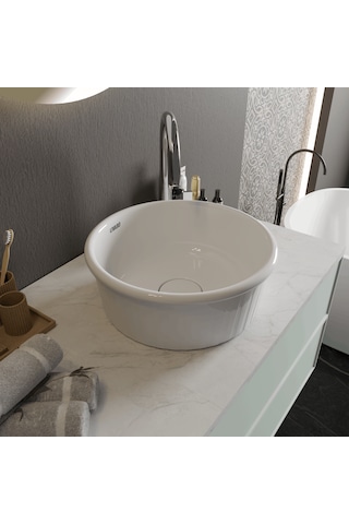 Livabo Roza 400 X 150 Mm Desenli Tezgah Üstü Akrilik Banyo Lavabosu Beyaz