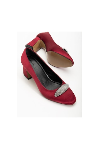 Kadın Siletto Topuklu Ayakkabı Bordo Saten Taşlı Kalın Topuklu-4169 Bordo