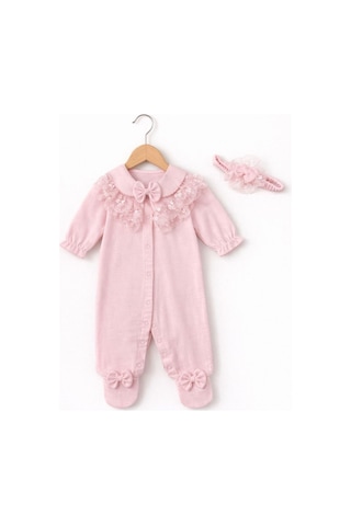 Kardeşler Bebe Fiyonk Ve Dantel Detaylı Çıkarılabilir Yaka Kız Bebek Patikli Tulum + Saç Bandı Pembe